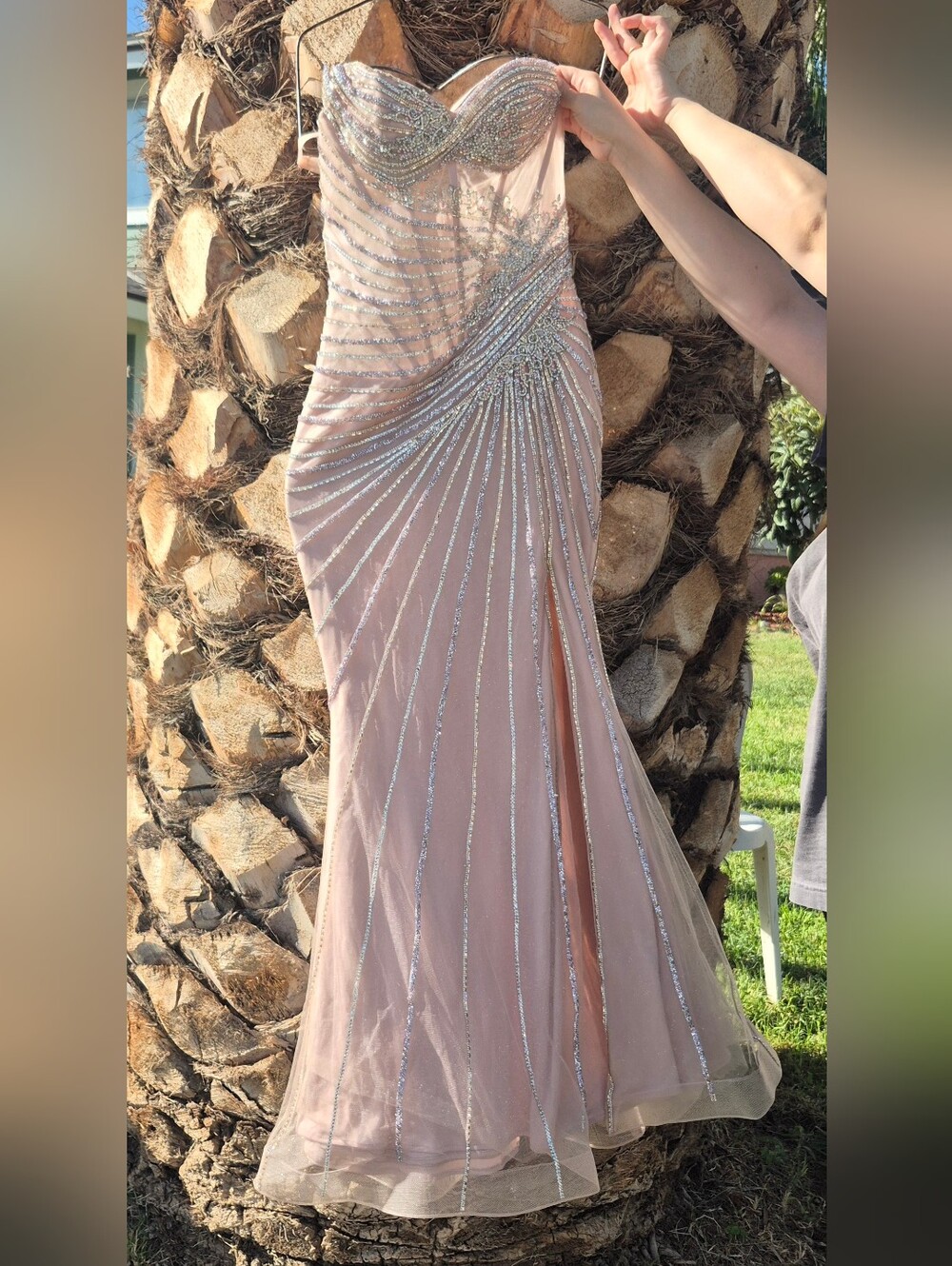 Strapless Blush Pink Evening Gown with Silver Beaded Detail